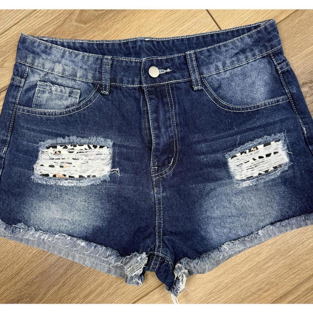 Jean Shorts Womens Large Blue Distressed Cutoff Fringe Hem Animal Print Summer - Picture 1 of 7